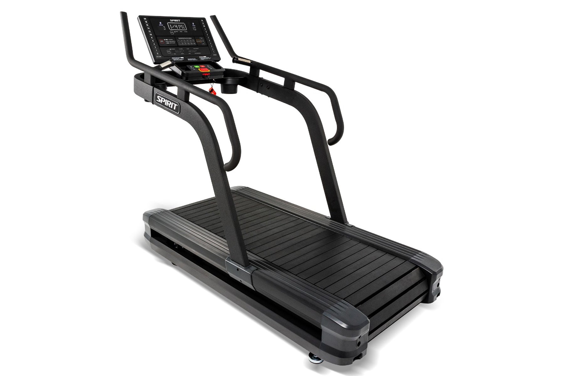 Spirit CTSBS900 black sled treadmill with digital console, handlebar grips, and slat belt deck on white background