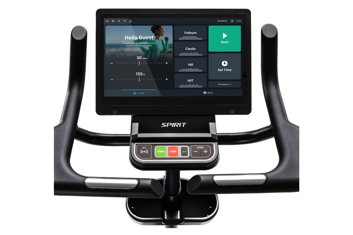 Spirit CU1000ENT upright exercise bike with black frame, curved handlebars, and Garmin touchscreen display showing workout me
