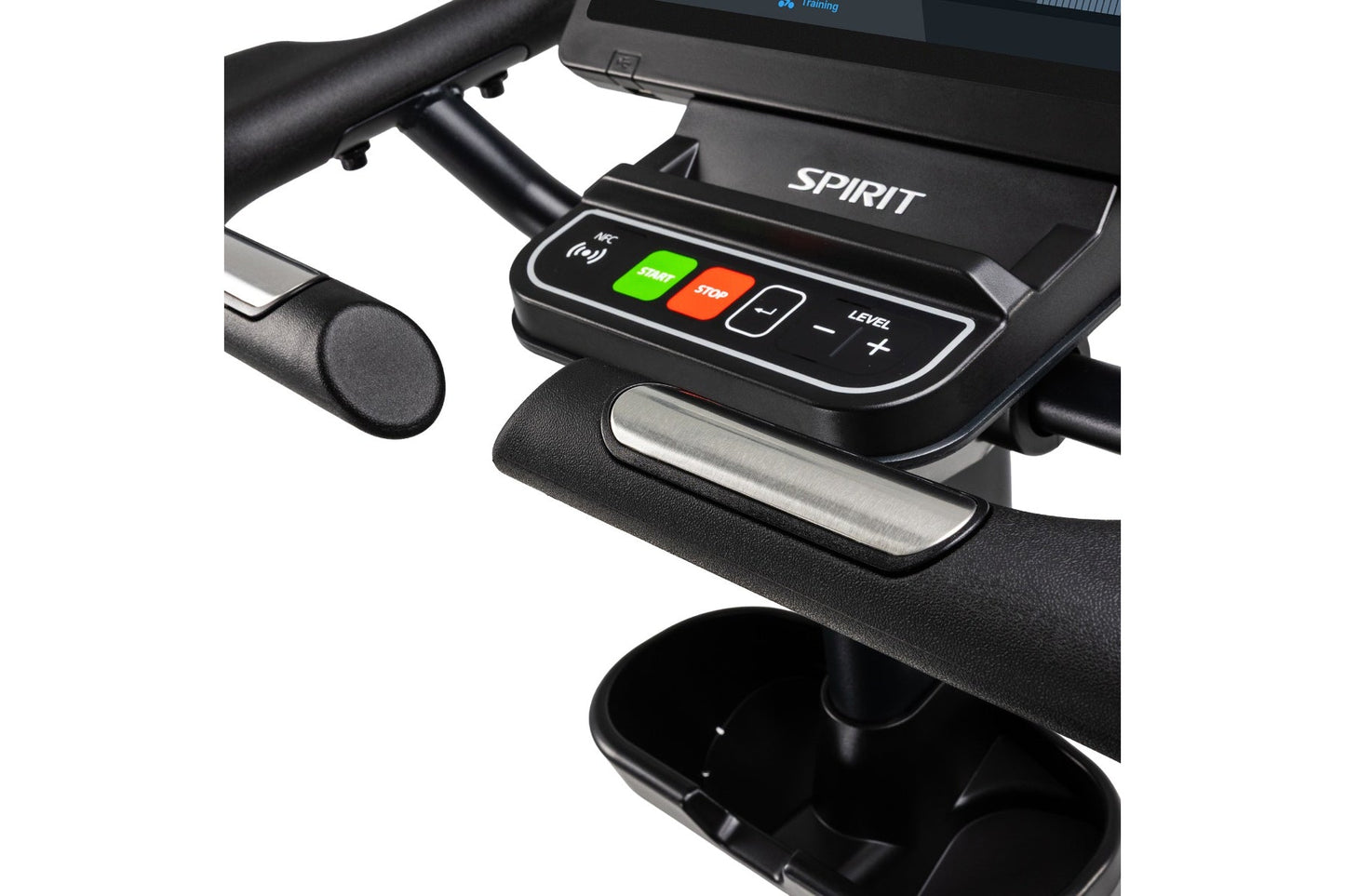 Spirit CU1000ENT upright exercise bike with black frame, handlebars, and digital console displaying green start and red stop 