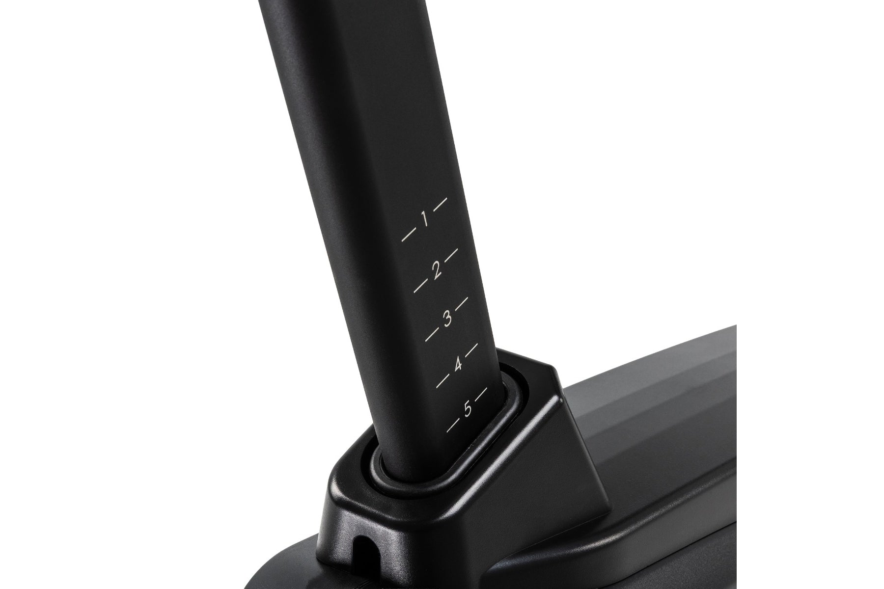 Black upright exercise bike seat post with numbered adjustment markings 1 through 5, close-up detail view