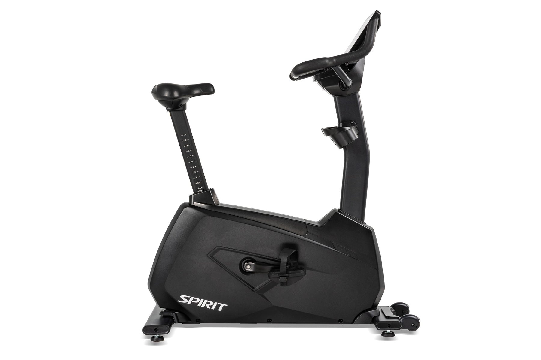 Spirit CU1000ENT black upright exercise bike with adjustable seat and handlebars on white background