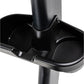 Black upright exercise bike seat with curved backrest and metal pole support on white background
