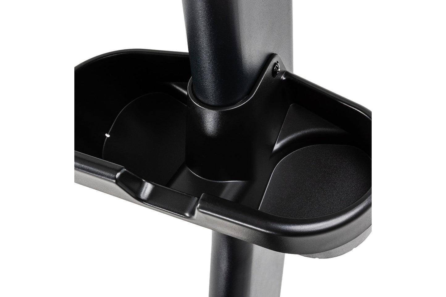 Black upright exercise bike seat with curved backrest and metal pole support on white background