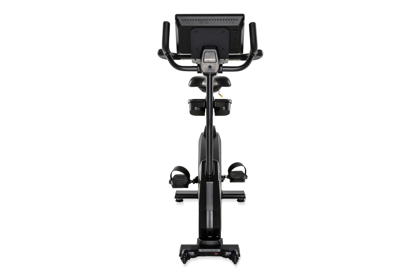 Spirit CU1000ENT black upright exercise bike with digital console, curved handlebars, and pedals with straps, front view on w