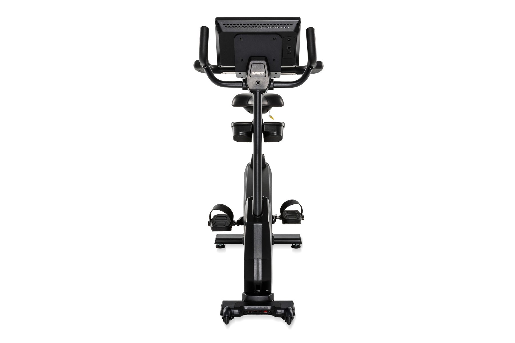 Spirit CU1000ENT black upright exercise bike with digital console, curved handlebars, and pedals with straps, front view on w