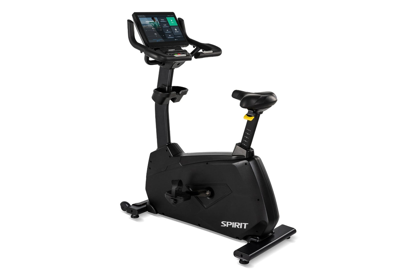 Spirit CU1000ENT black upright stationary exercise bike with digital display console and yellow handlebar accents, on white b