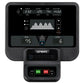 Spirit CU800 upright exercise bike console displaying distance, calories, pulse, speed, watts, and METs metrics with RPM and 