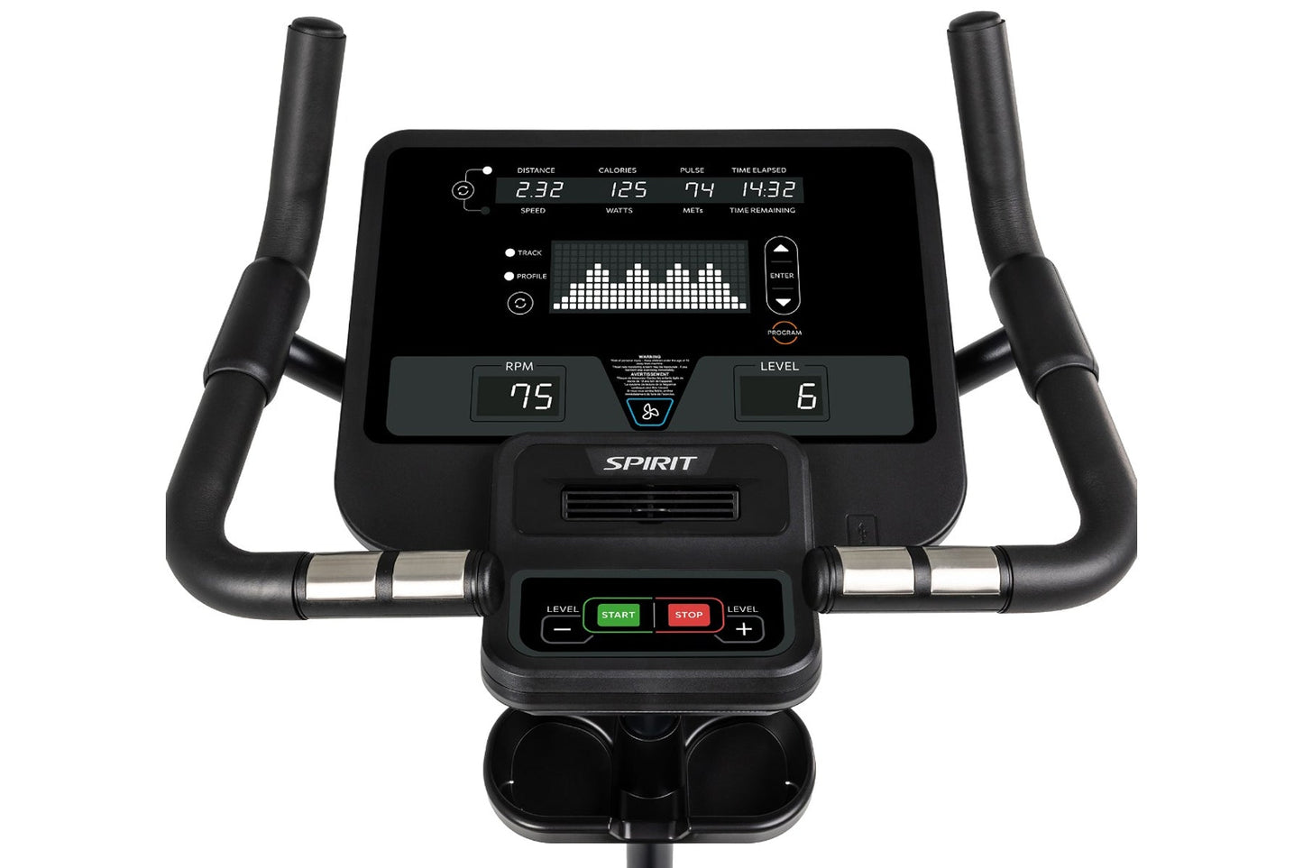 Spirit CU800 upright exercise bike with black frame, dual handles, digital console displaying distance, calories, pulse, and 