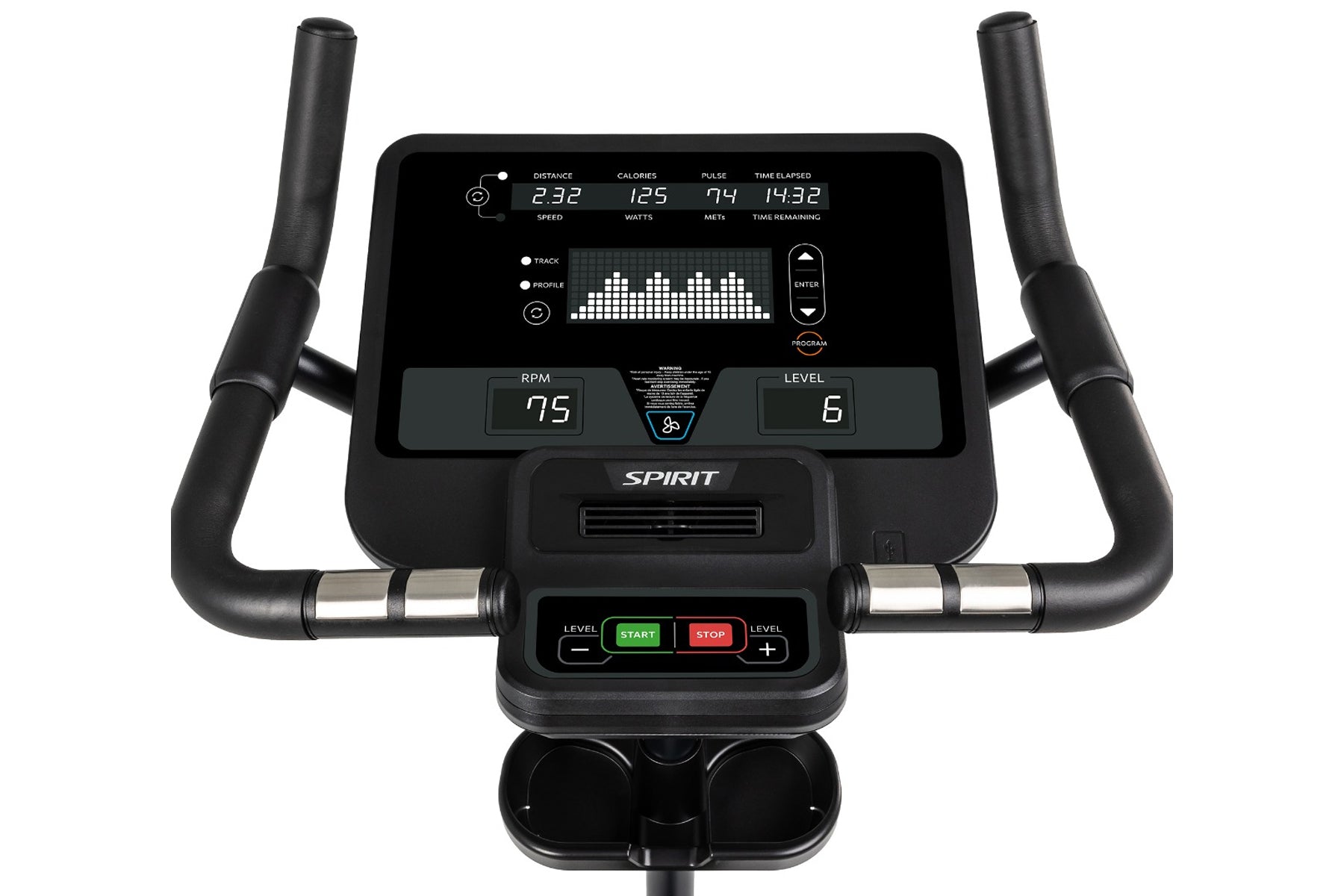 Spirit CU800 upright exercise bike with black frame, dual handles, digital console displaying distance, calories, pulse, and 