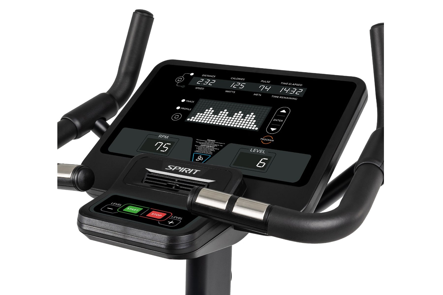 Spirit CU800 black upright exercise bike with digital display showing metrics, curved handlebars, and pedals on white backgro