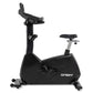 Black Spirit CU800 upright stationary exercise bike with handlebar grips, padded seat, and pedals on white background
