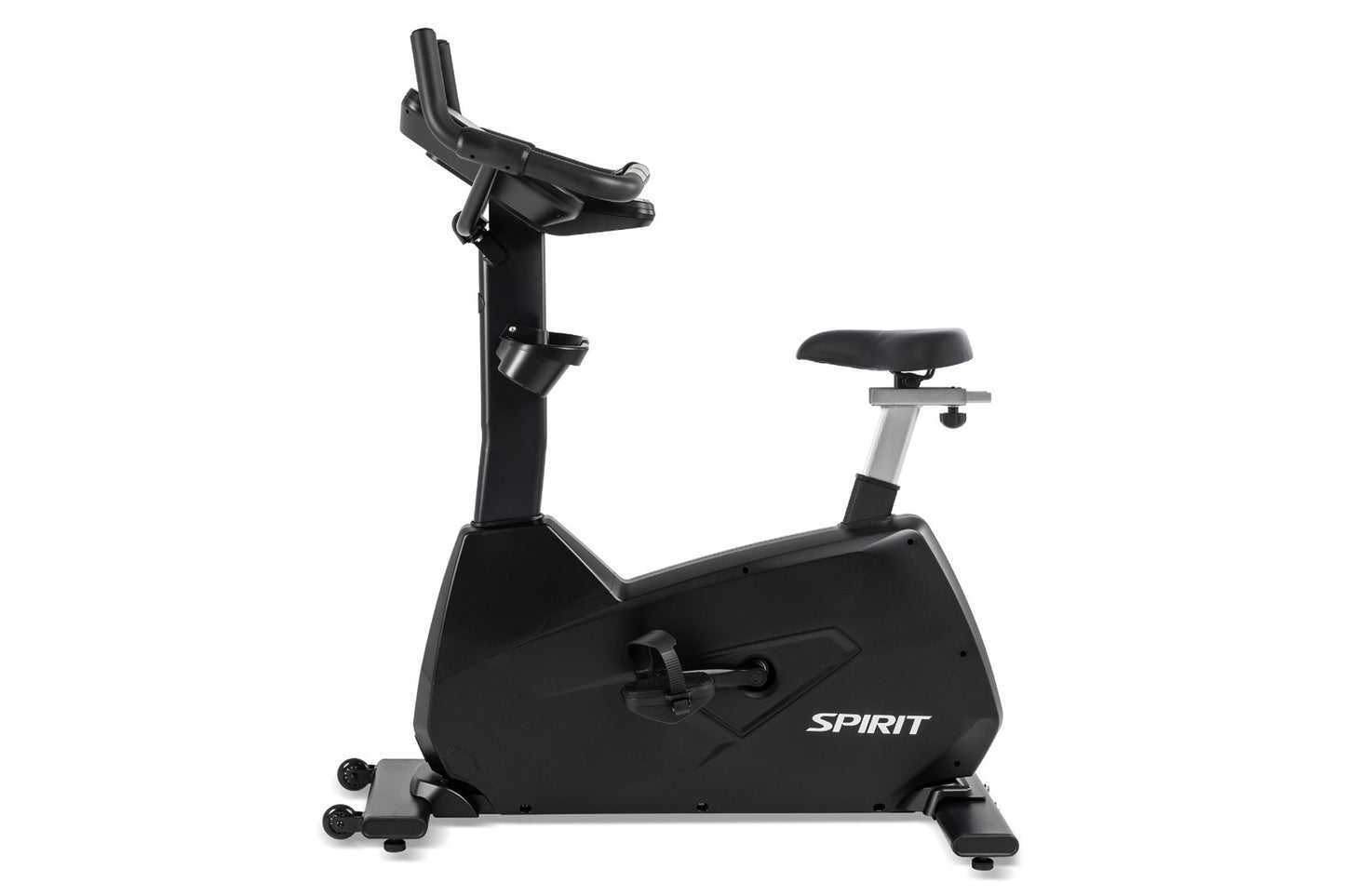 Black Spirit CU800 upright stationary exercise bike with handlebar grips, padded seat, and pedals on white background