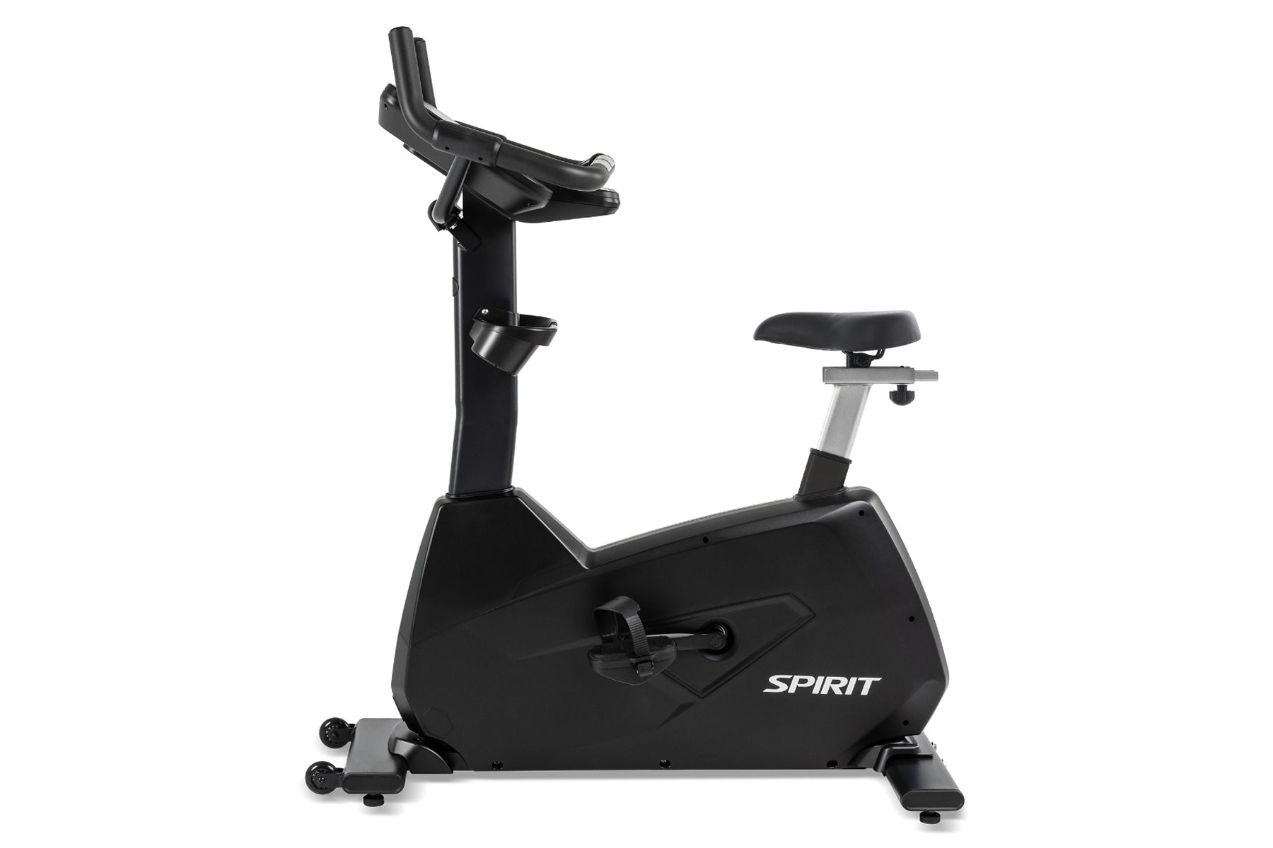 Black Spirit CU800 upright stationary exercise bike with handlebar grips, padded seat, and pedals on white background