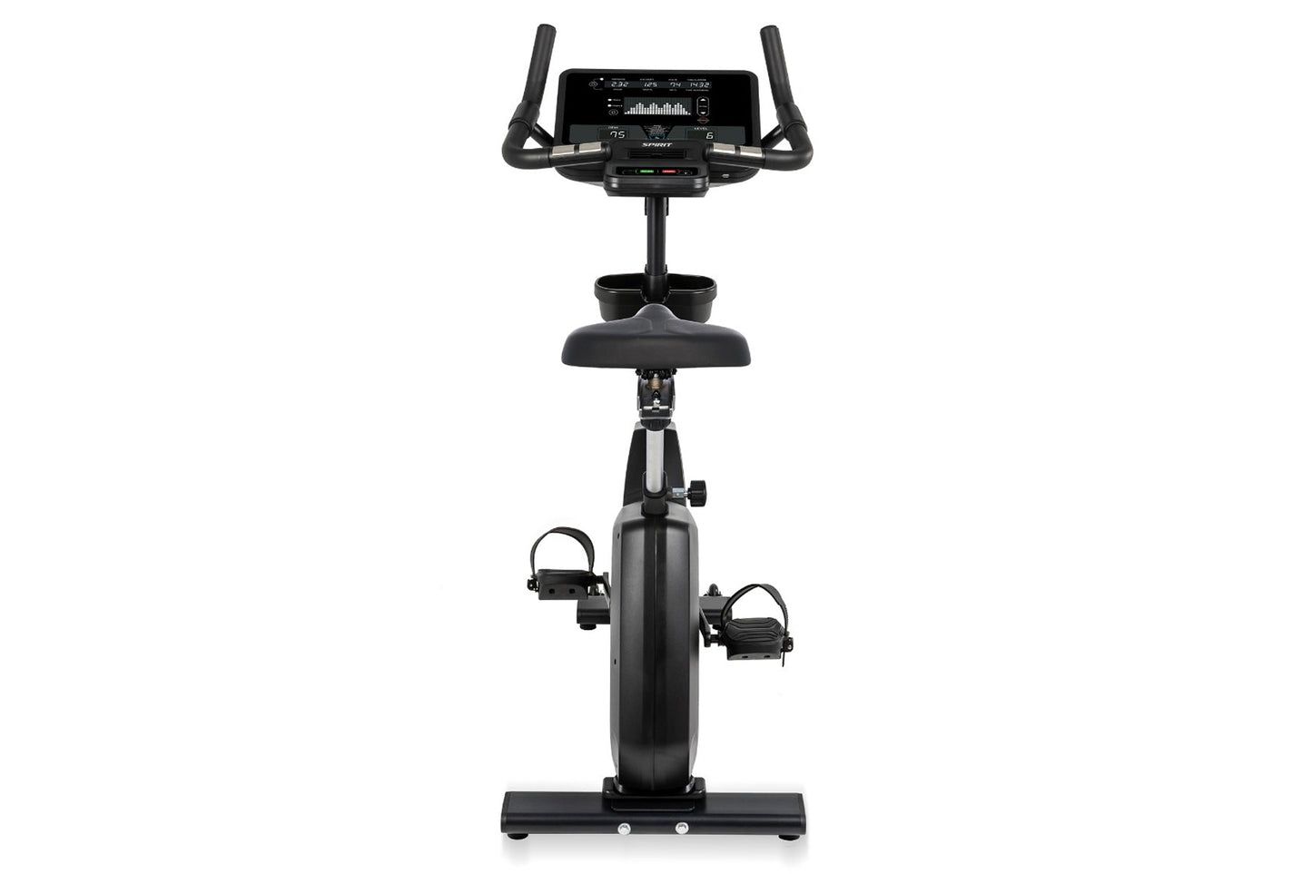 Black upright stationary exercise bike with digital console display, curved handlebars, and foot pedals on white background