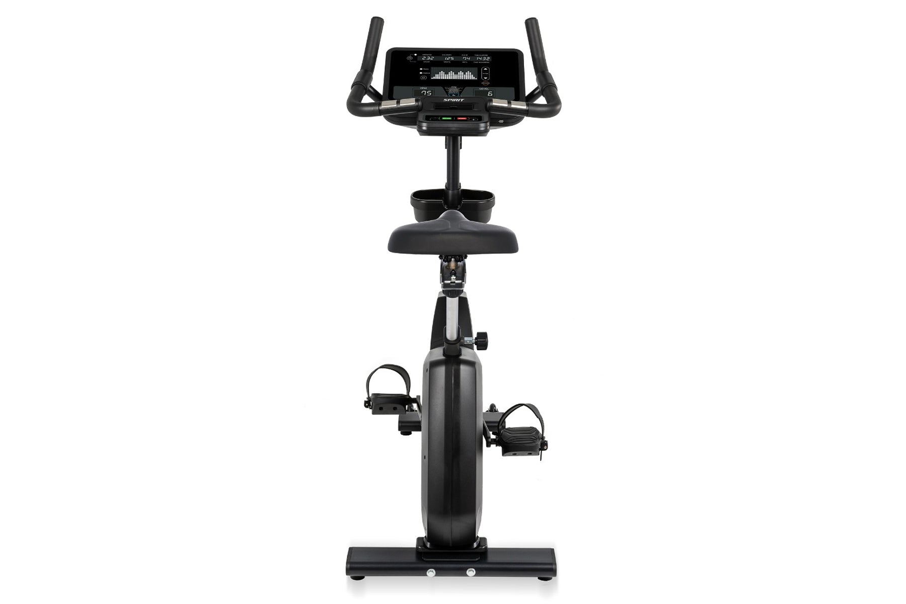 Black upright stationary exercise bike with digital console display, curved handlebars, and foot pedals on white background