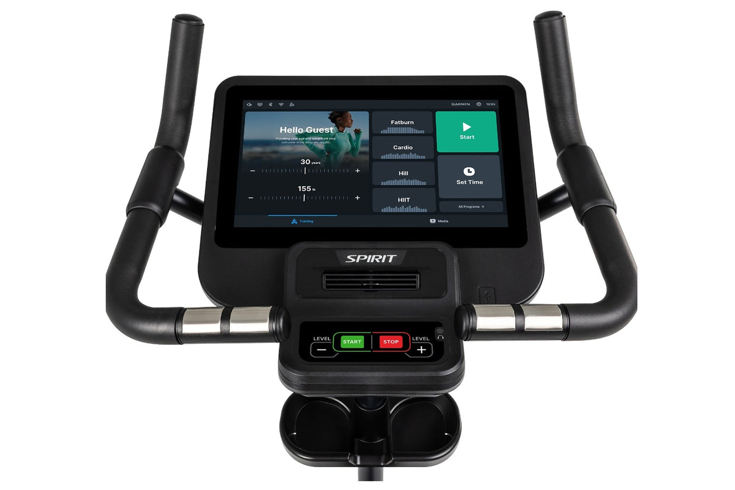 Spirit CU800ENT upright exercise bike with black frame, dual handles, digital touchscreen console displaying workout programs