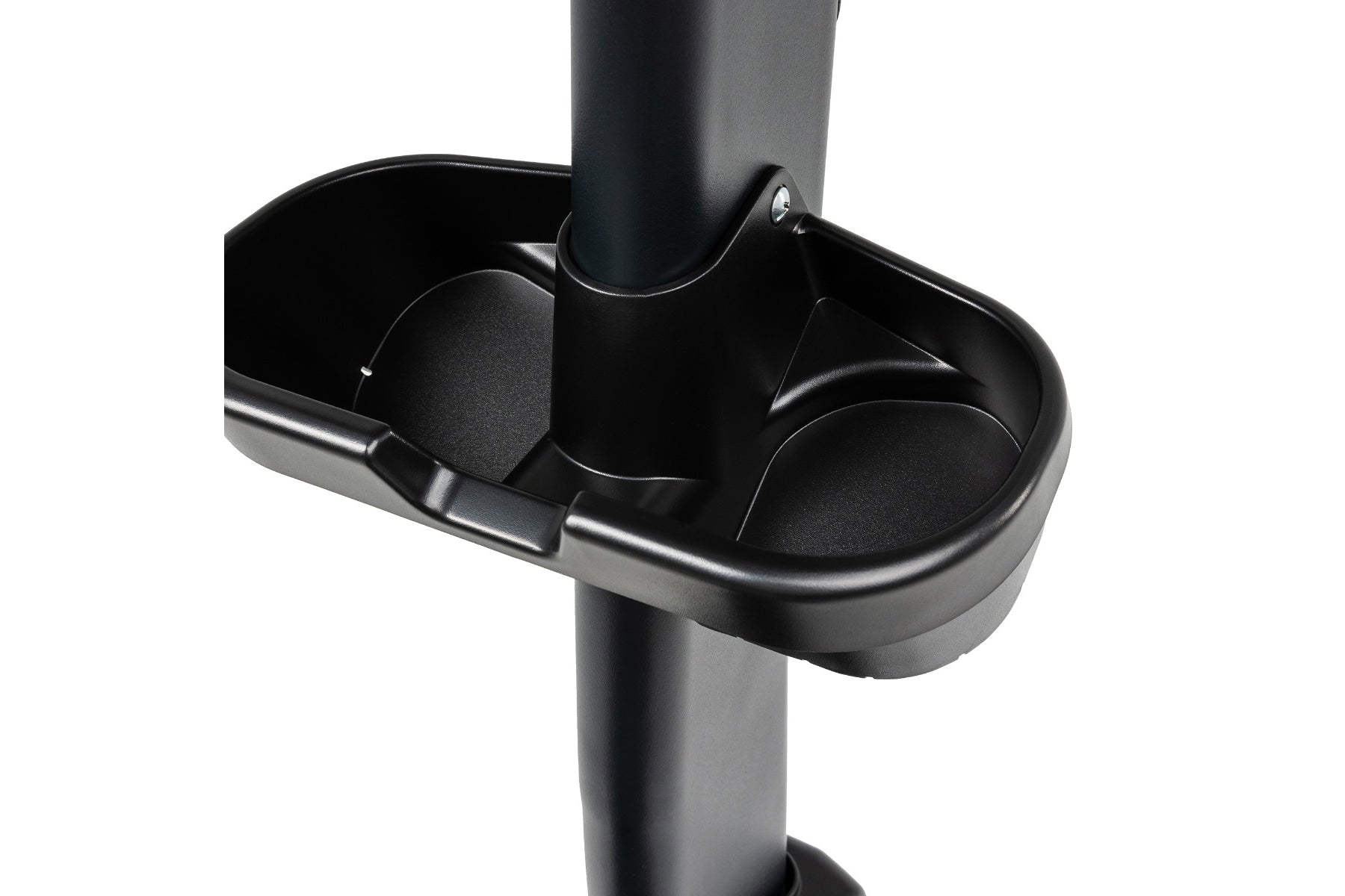 Black plastic cup holder attached to upright exercise bike frame, mounted on vertical post