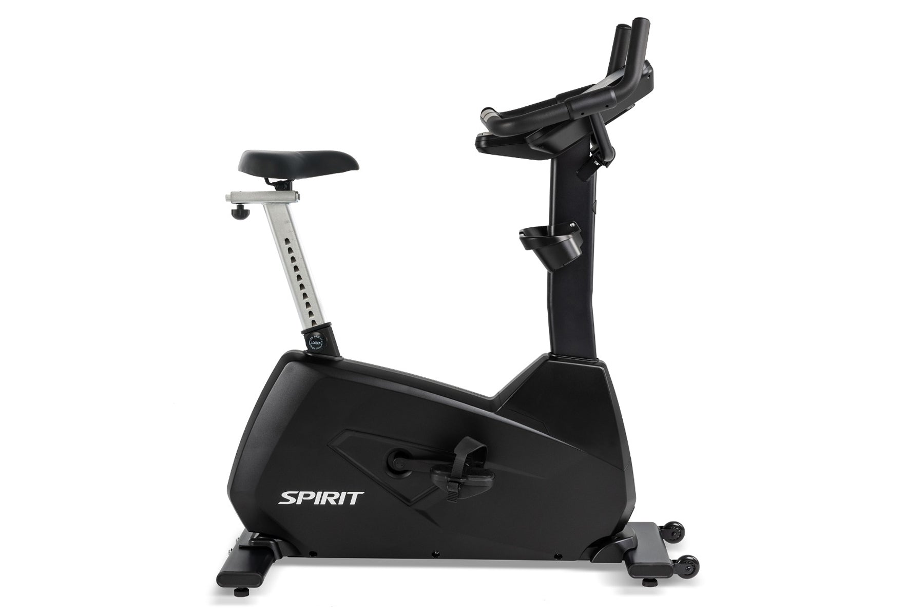 Spirit CU800ENT upright stationary bike with black frame, padded seat, silver adjustable post, and dual handlebar grips on wh