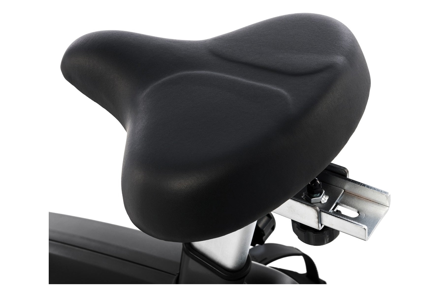 Black padded bicycle saddle with metal quick-release clamp mounted on seat post