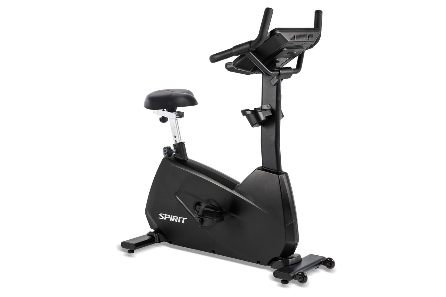 Spirit CU800ENT upright exercise bike with black frame, padded seat, dual handlebar arms, and digital console on white backgr