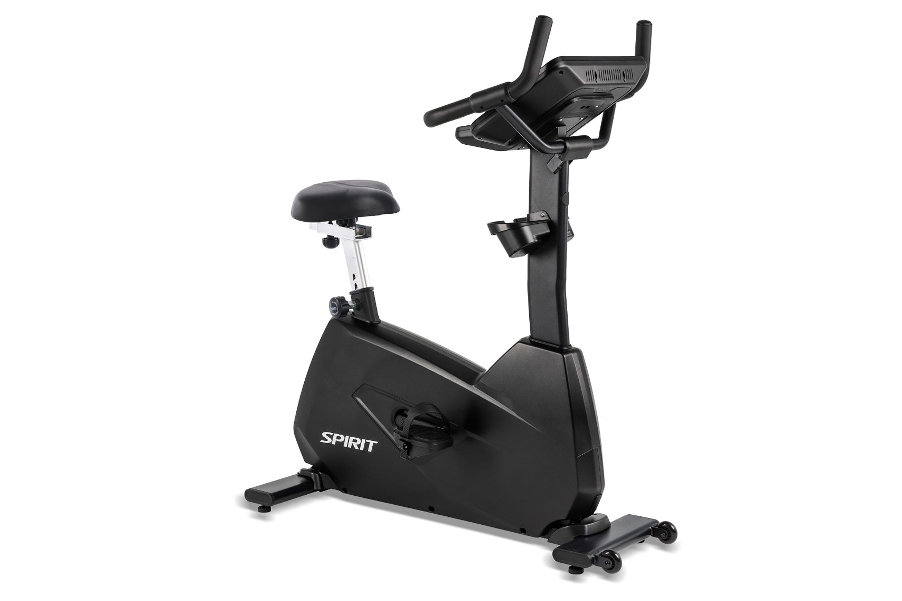 Spirit CU800ENT upright exercise bike with black frame, padded seat, dual handlebar arms, and digital console on white backgr