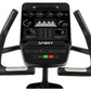 Black Spirit upright exercise bike with digital console displaying watts, time, calories, and heart rate metrics, curved hand