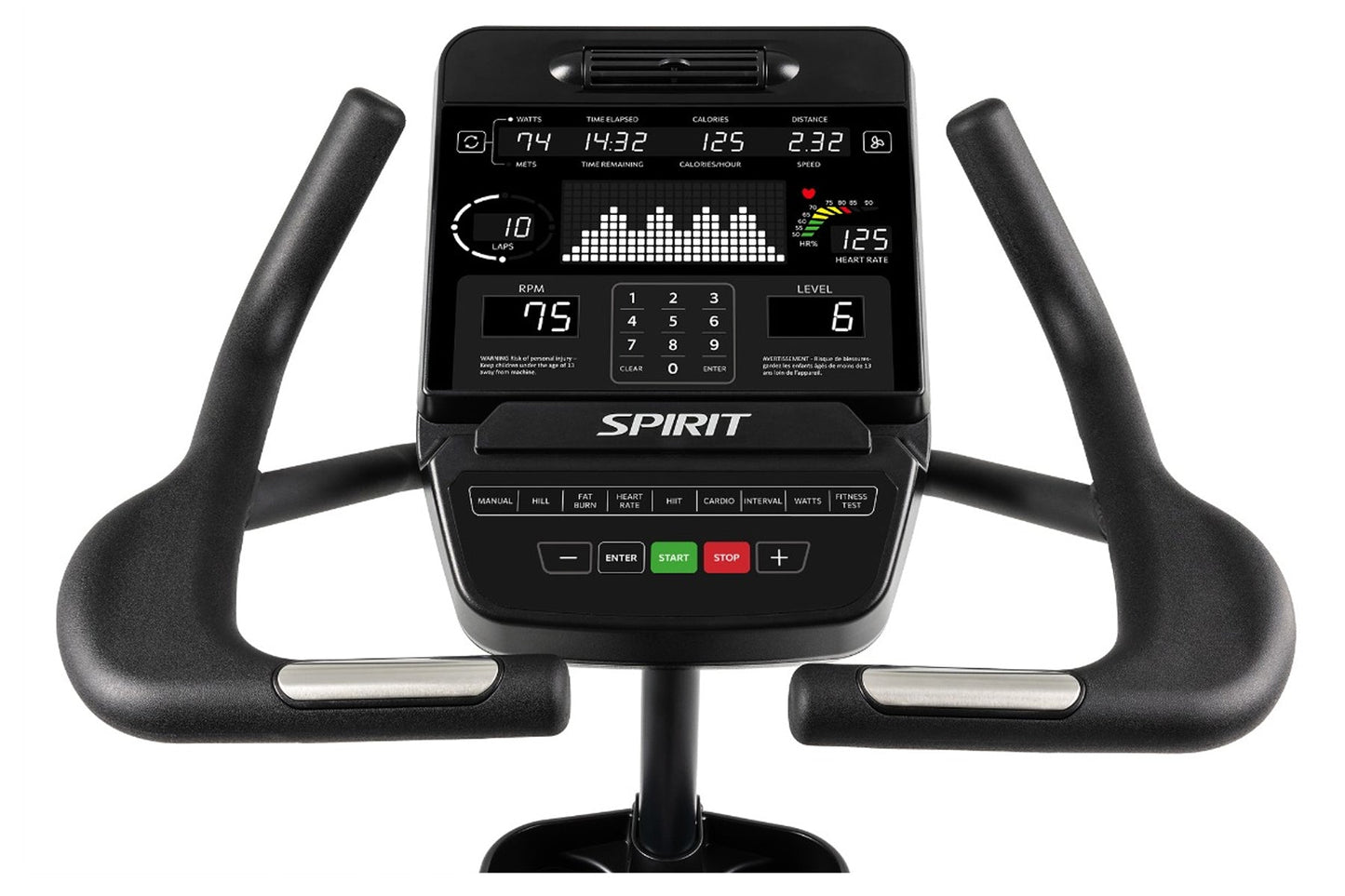 Black Spirit upright exercise bike with digital console displaying watts, time, calories, and heart rate metrics, curved hand