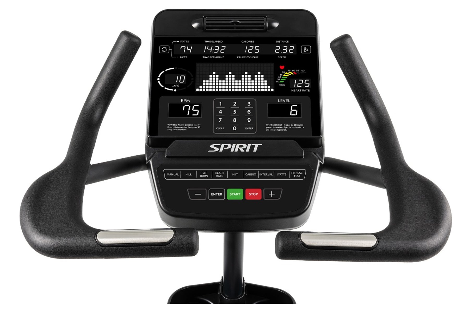 Black Spirit upright exercise bike with digital console displaying watts, time, calories, and heart rate metrics, curved hand
