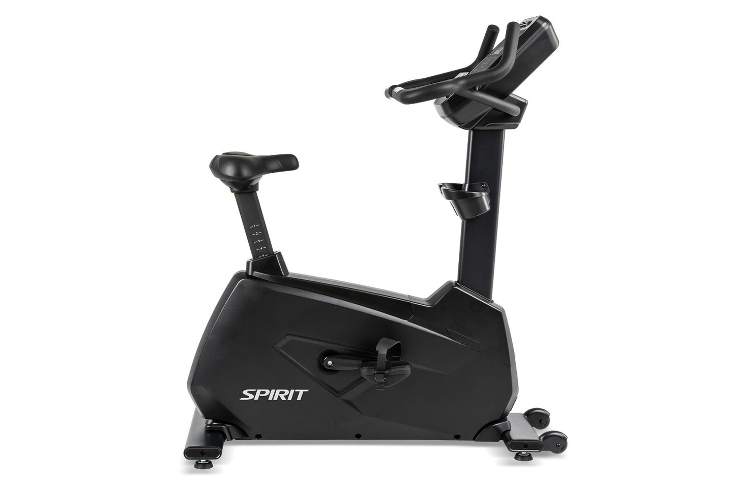 Black Spirit upright stationary bike with padded seat, adjustable handlebars, and digital console on white background
