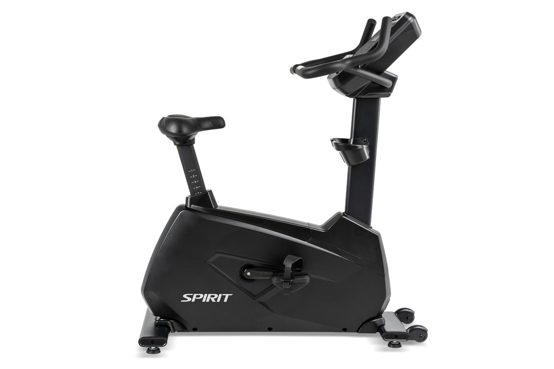 Black Spirit upright stationary bike with padded seat, adjustable handlebars, and digital console on white background