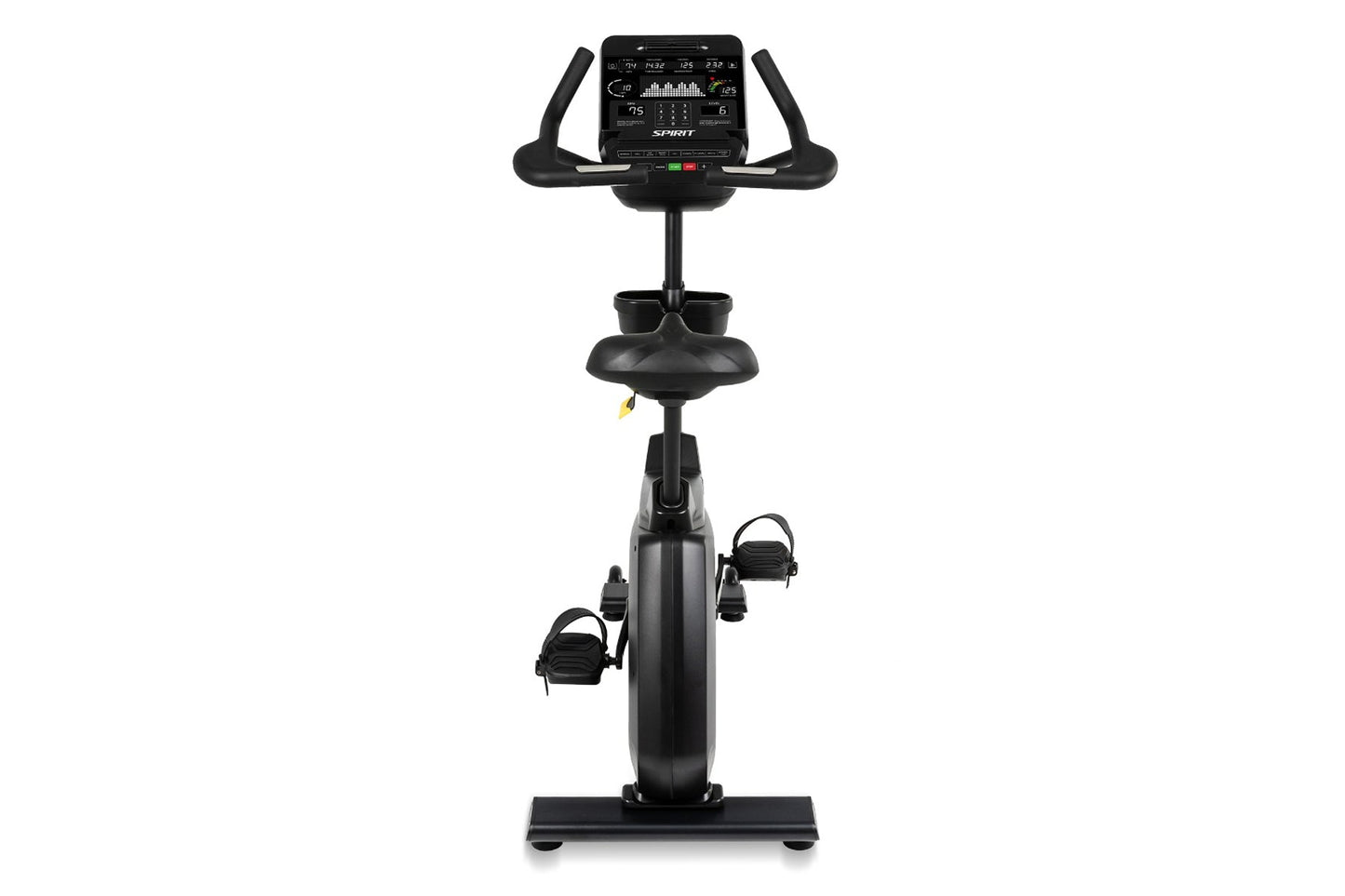 Black Spirit CU900 upright exercise bike with digital display console, curved handlebars, and pedal straps, shown on white ba