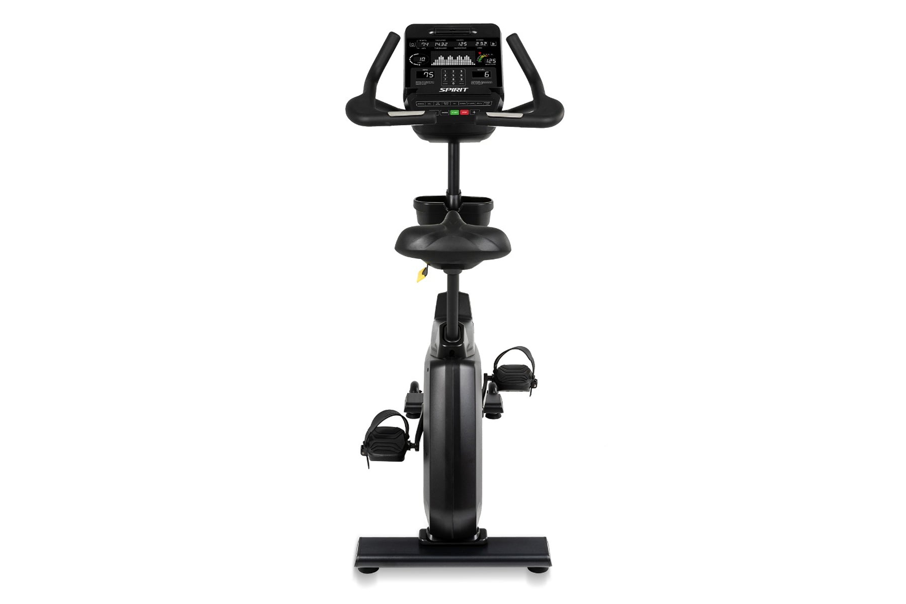 Black Spirit CU900 upright exercise bike with digital display console, curved handlebars, and pedal straps, shown on white ba