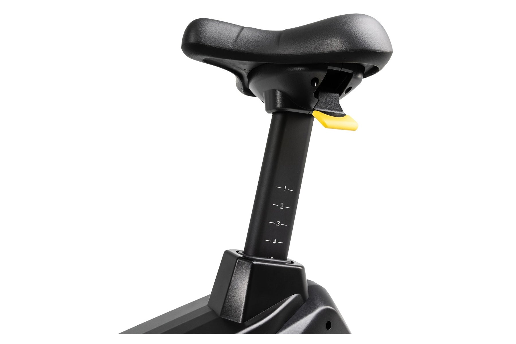 Black upright exercise bike seat with padded top, adjustable height post marked with levels 1-4, and yellow quick-release lev