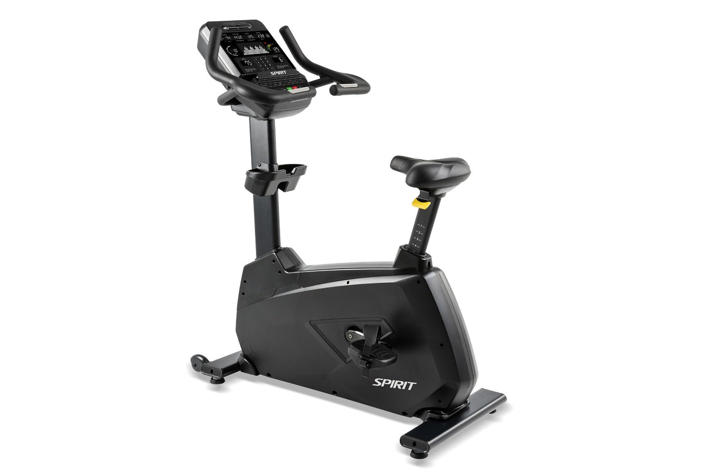 Black Spirit upright exercise bike with digital console, adjustable seat, handlebars, and pedals on white background