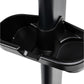 Black water bottle holder attachment mounted on gray vertical post, flat lay view on white background