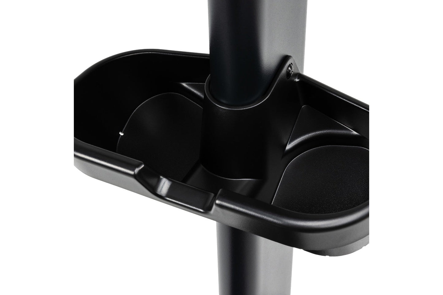 Black water bottle holder attachment mounted on gray vertical post, flat lay view on white background