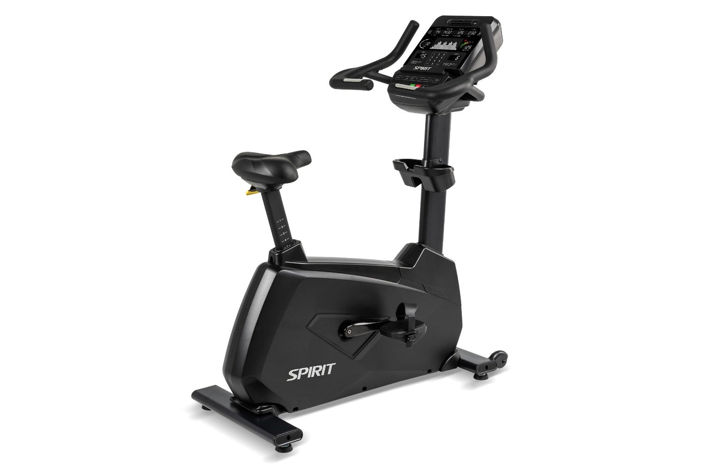 Spirit CU900 black upright stationary bike with digital console, seat, and handlebars on white background