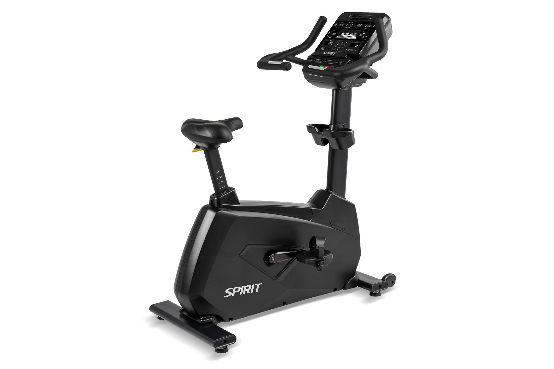 Spirit CU900 black upright stationary bike with digital console, seat, and handlebars on white background
