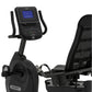 Spirit XBR25 black recumbent exercise bike with digital console, mesh seat back, and pedals on white background