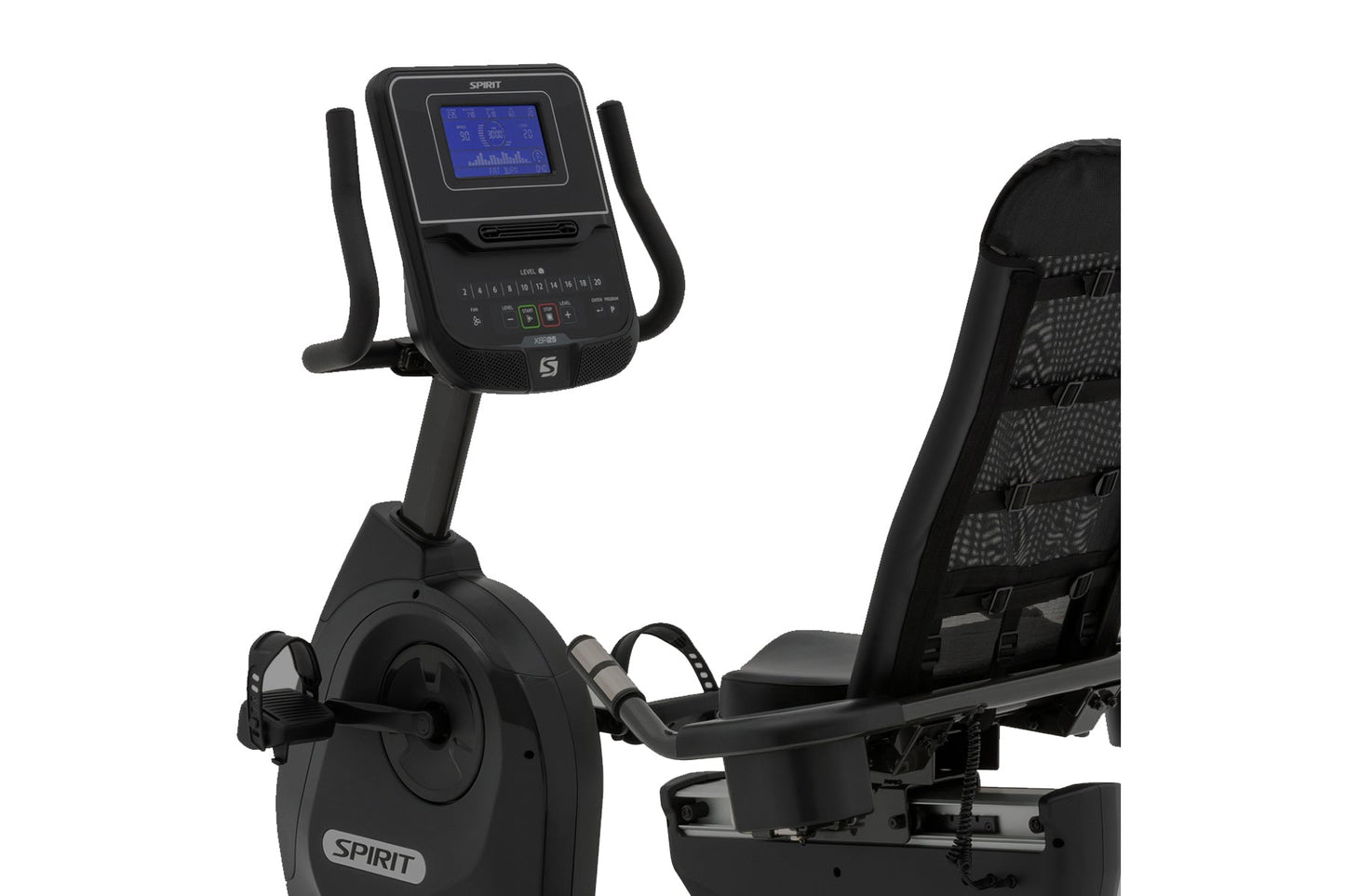 Spirit XBR25 black recumbent exercise bike with digital console, mesh seat back, and pedals on white background