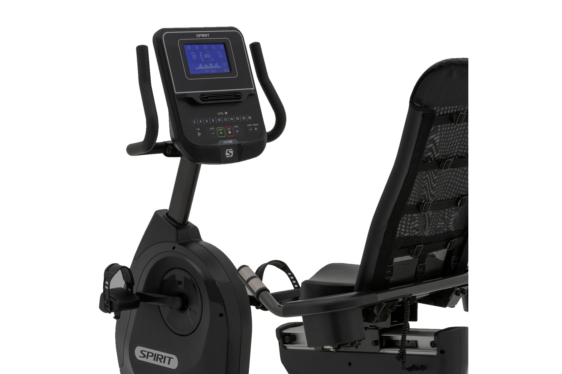 Spirit XBR25 black recumbent exercise bike with digital console, mesh seat back, and pedals on white background