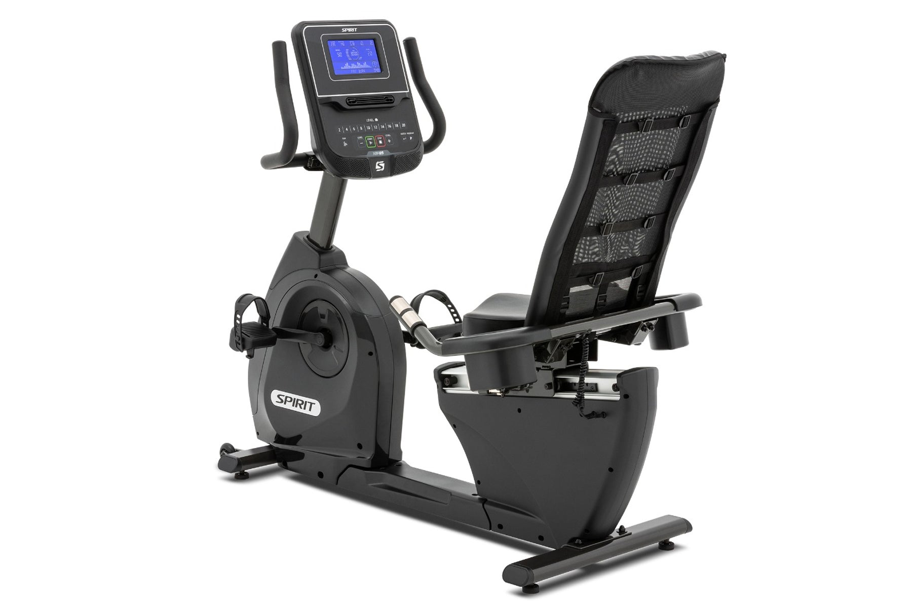Spirit XBR25 black recumbent exercise bike with digital console, mesh-back seat, and foot pedals on white background