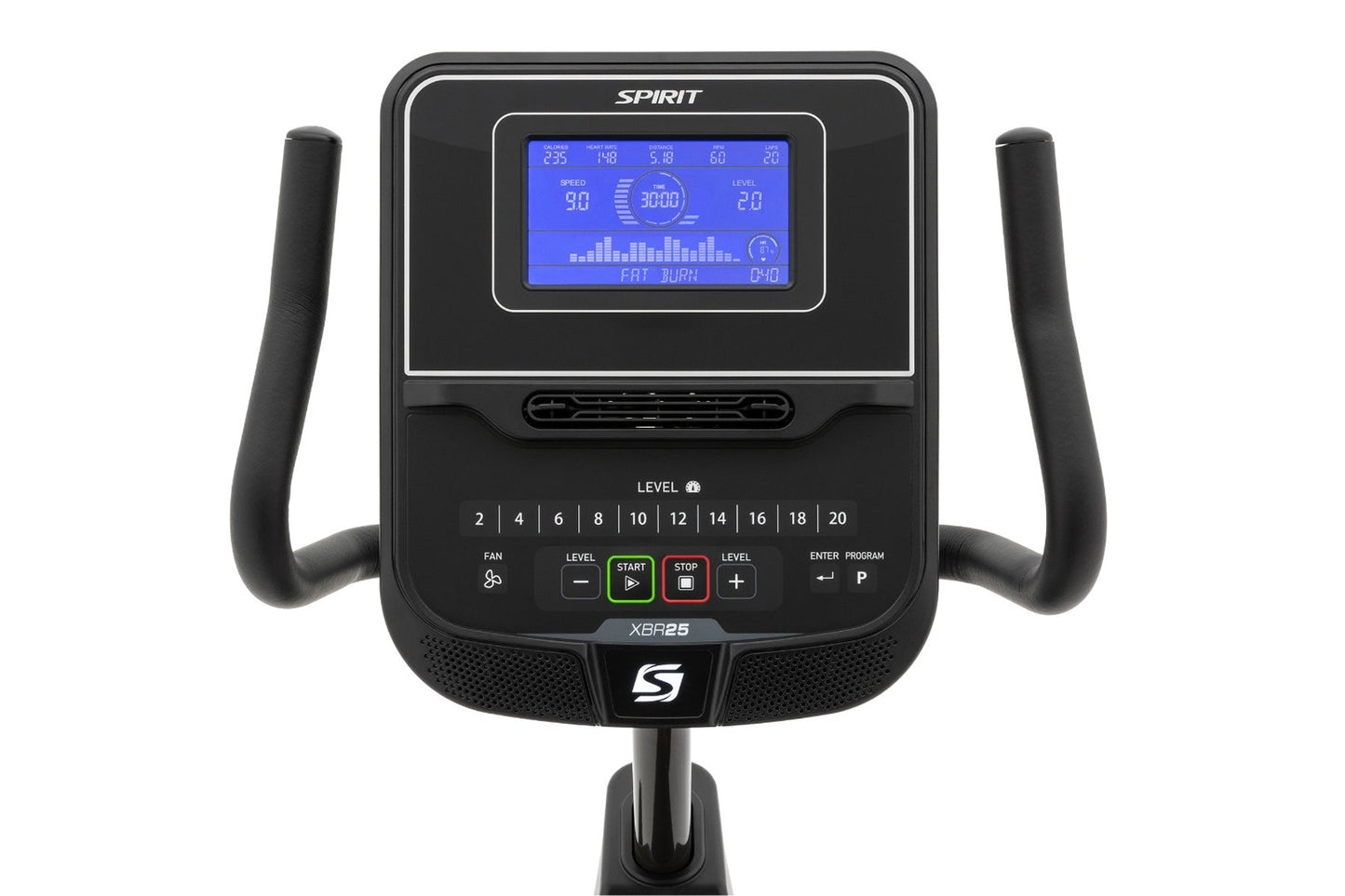 Spirit XBR25 black recumbent exercise bike with blue LCD display, dual handles, resistance levels 2-20, and control buttons o
