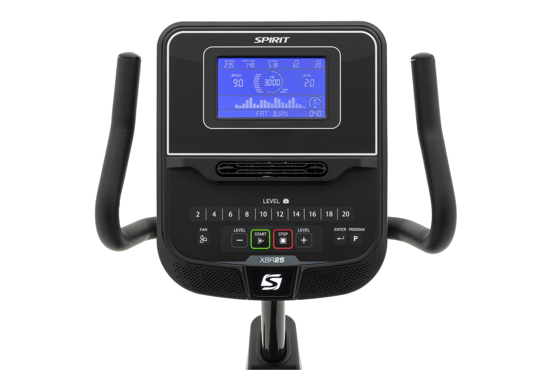 Spirit XBR25 black recumbent exercise bike with blue LCD display, dual handles, resistance levels 2-20, and control buttons o