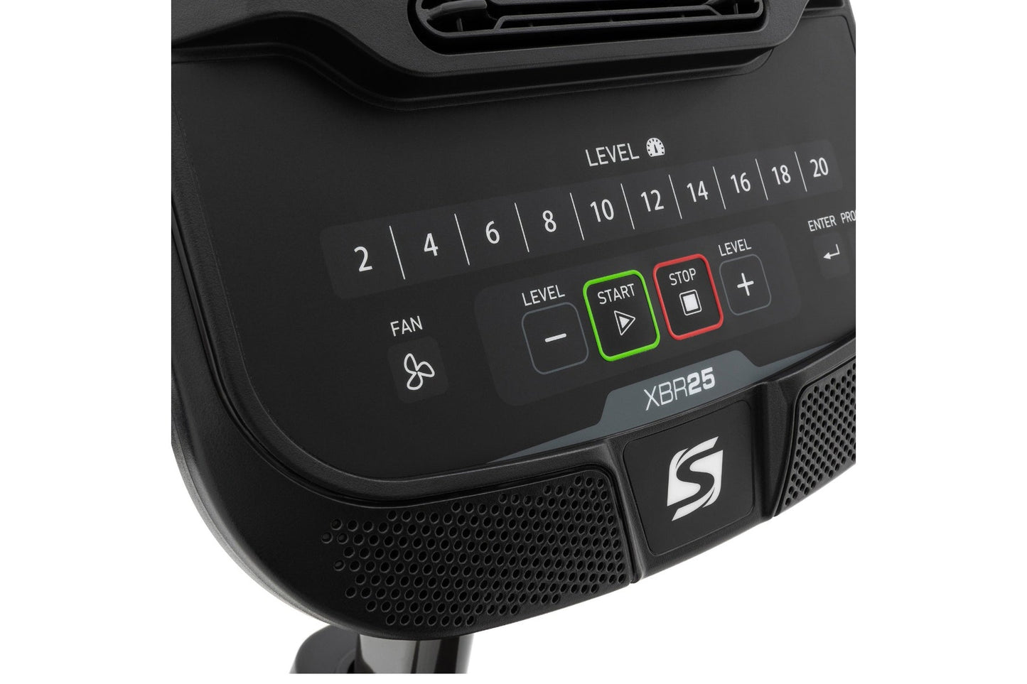 Spirit XBR25 recumbent exercise bike control panel with level settings 2-20, fan button, and green start and red stop buttons