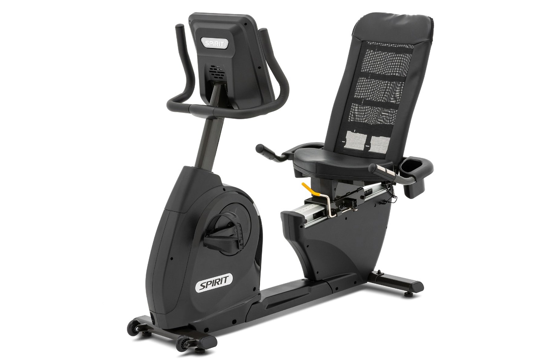 Spirit XBR25 black recumbent exercise bike with padded seat, mesh backrest, and digital console on white background