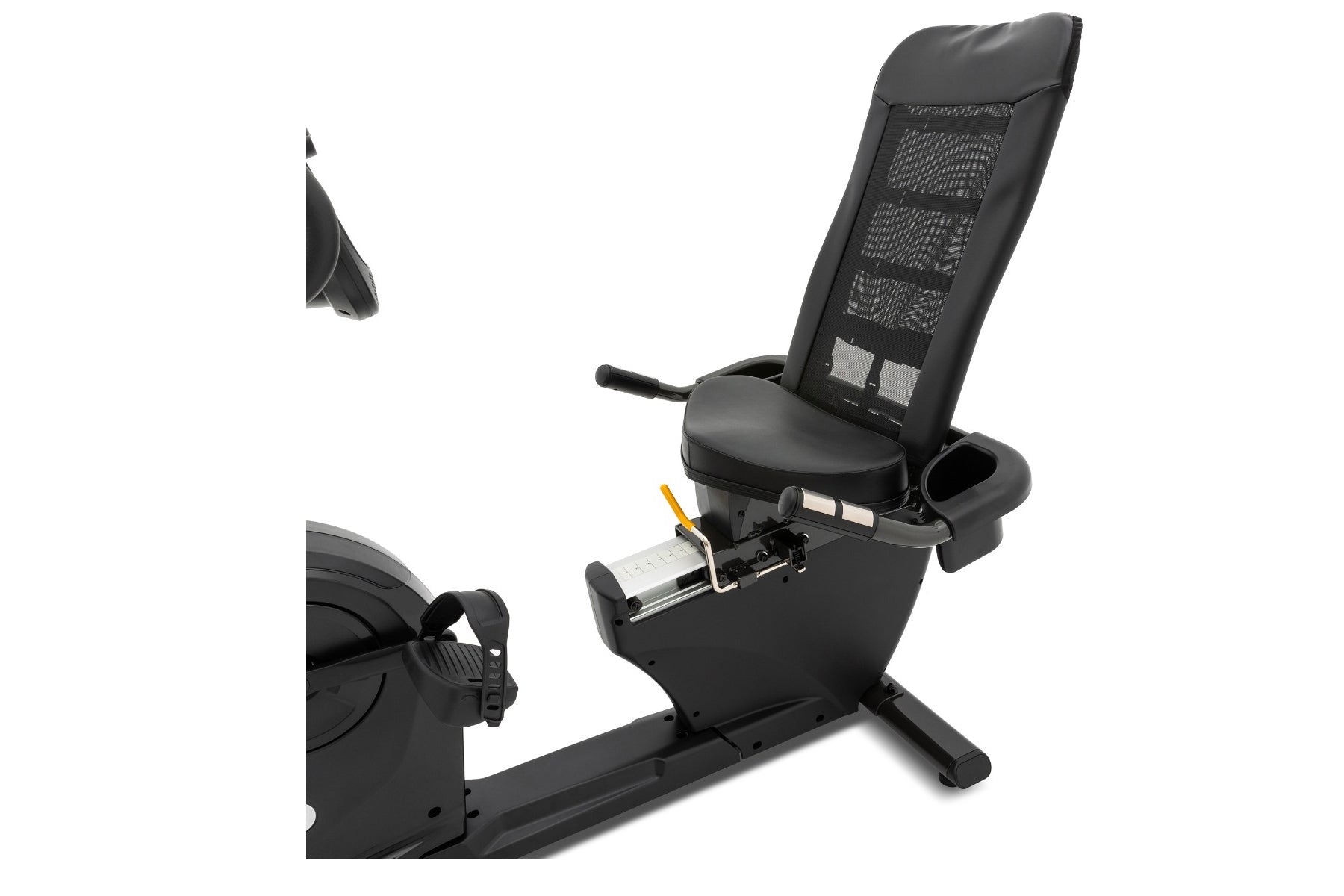 Black recumbent exercise bike with mesh-backed seat, digital console, and foot pedals on white background
