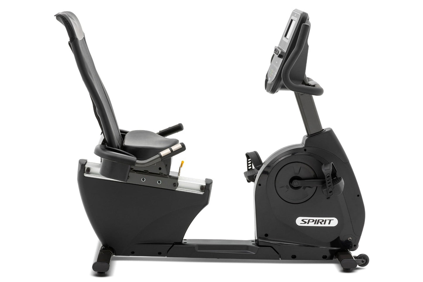 Spirit XBR25 black recumbent exercise bike with padded seat, backrest, handlebars, and digital display console on white backg