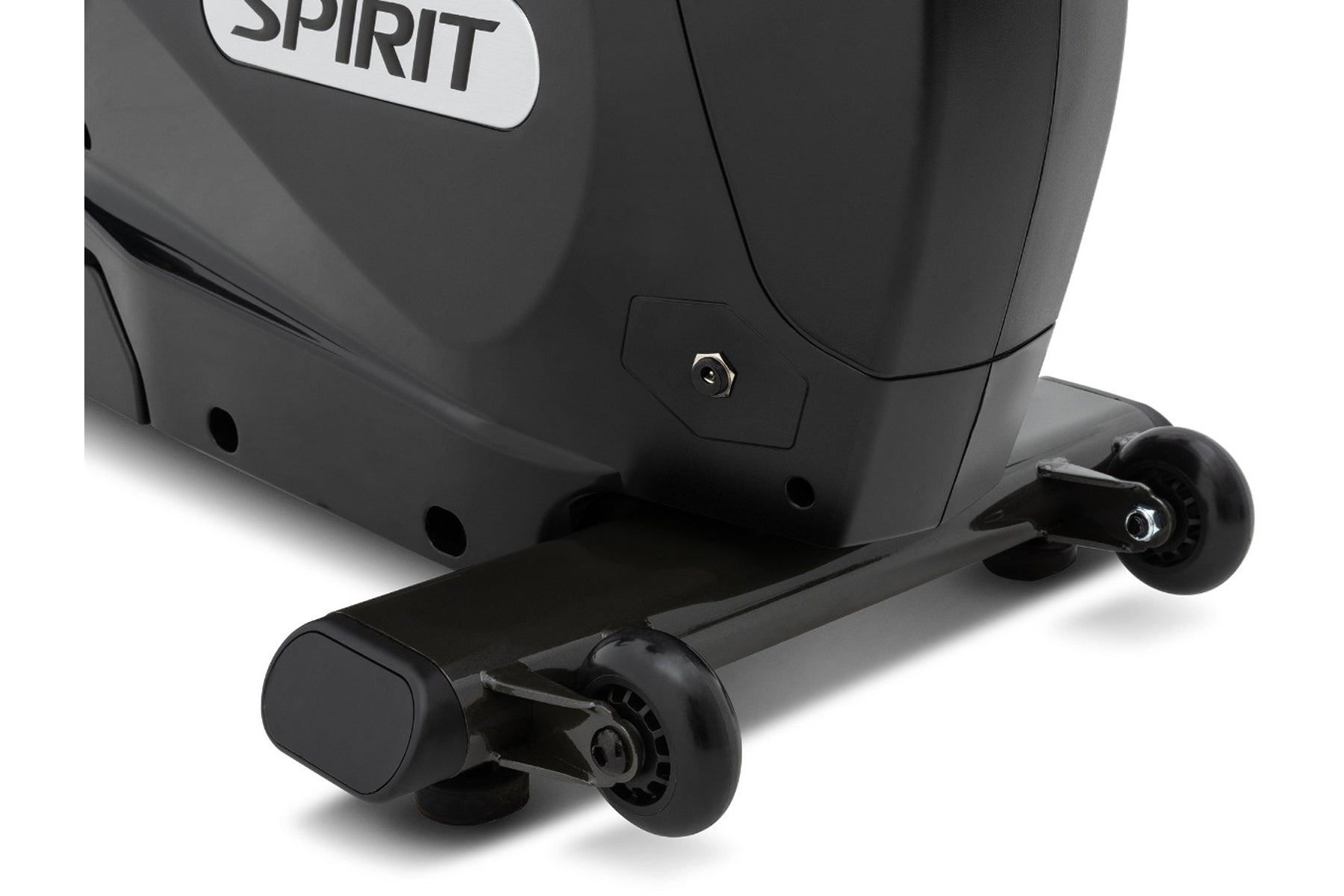 Black Spirit recumbent exercise bike with extended seat and dual black wheels, shown at angle on white background