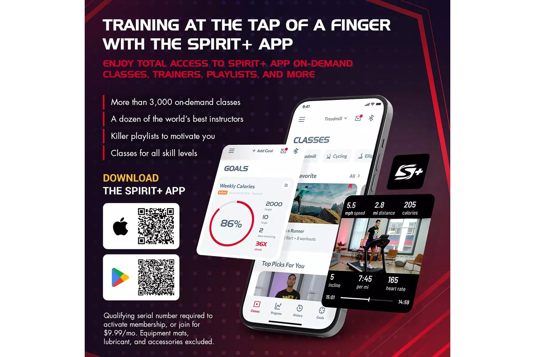 Spirit+ App promotional banner showing on-demand fitness classes, goals tracking, and workout stats on smartphone screens